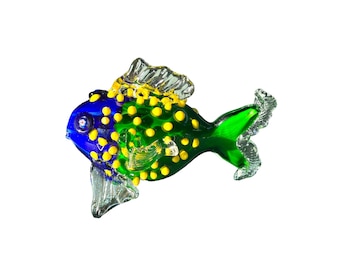 Hand Blown Art Glass | Colorful Tropical FISH Sculpture Figurine Green Blue And Yellow With Red Millefiori Eyes | Italian Murano Style