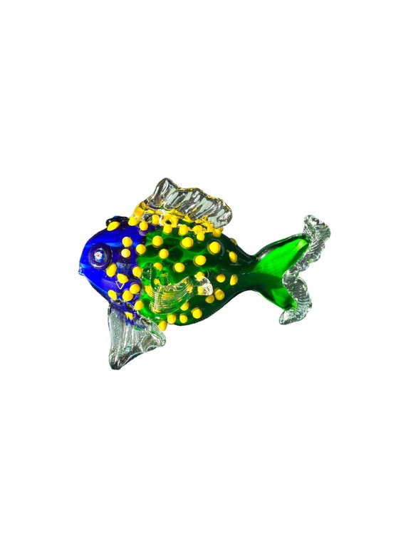 Hand Blown Art Glass | Colorful Tropical FISH Sculpture Figurine Green Blue And Yellow With Red Millefiori Eyes | Italian Murano Style