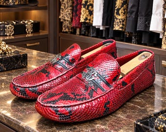 Vintage 90s - Y2K Roberto Cavalli Red Python Snakeskin Driving Loafers Shoes | Men's Size 11
