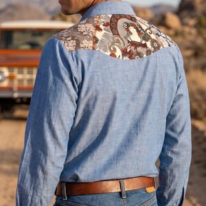 Vintage 70s Kennington Chambray Alphonse Mucha Inspired Patchwork Yoked Western Shirt | Size XL 48