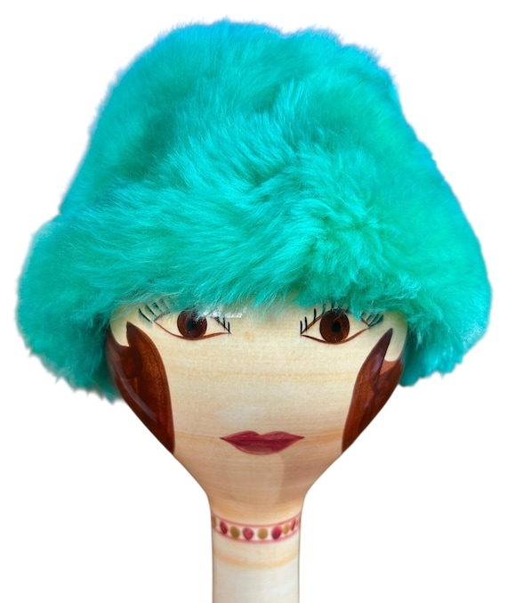 Vintage 60s GREEN Real Shearling Sheepskin | Plush Fur Hat | Lambs Wool Russian Warm Winter Cap Mod Hippie