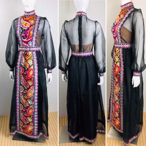 DONALD BROOKS Vintage Couture 1960s Black Silk Organza Psychedelic Colorful Embroidery Sheer Formal Evening Gown Dress Museum Quality image 2