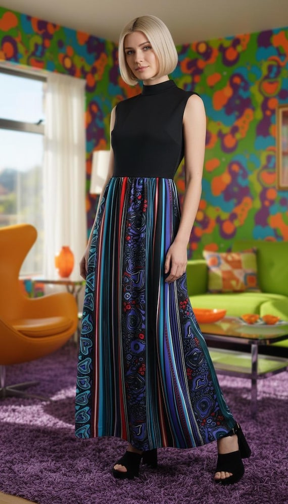 Vintage 60s 70s Mod Colorful Psychedelic Print w/ Hearts Colorblock Sleeveless Top Maxi Hostess Dress Sundress Garden Party Boho Hippie Vtg