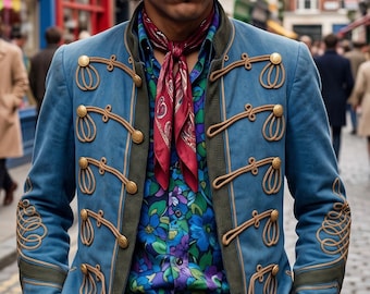 May include: A blue military-style jacket with gold braided cord detailing and brass buttons, worn over a floral print shirt in shades of blue, green, and purple. A dark red patterned neck scarf, a black hat, and a black belt with a brass buckle.