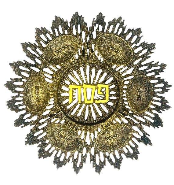 Vintage Brass Seder Plate: Brutalist MCM Haggadah Dish, Signed Wainberg Israel