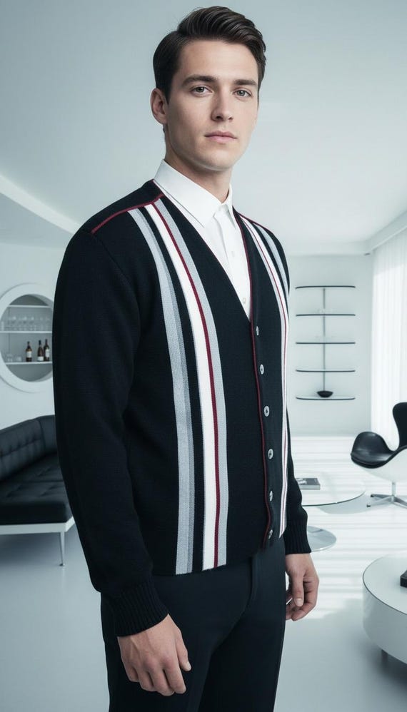 DEADSTOCk Vintage 60's NWOT Men's Mod Geometric Striped Pattern GRANDPA Beatnik Knit Mad Men Sweater Cardigan S M 41