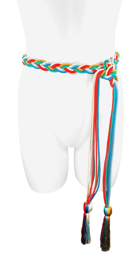 Vintage 1980s Multicolored Braided Rope Passementerie Cord Belt | Pom-Pom Tassel
