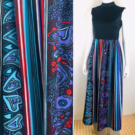 Vintage 60s 70s Mod Colorful Psychedelic Print w/ Hearts Colorblock Sleeveless Top Maxi Hostess Dress Sundress Garden Party Boho Hippie Vtg