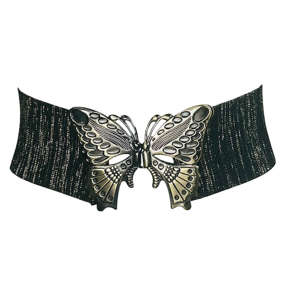 Vintage 1980s Butterfly Black & Gold Lame | Wide Stretch Band Cinch Belt