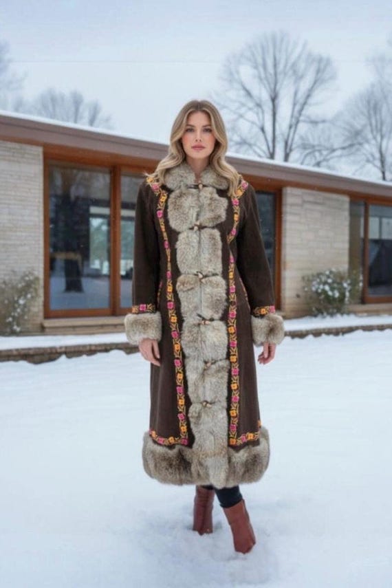 Vintage 60s 70s Bespoke Embroidered Floral Suede Coat Fur Trim