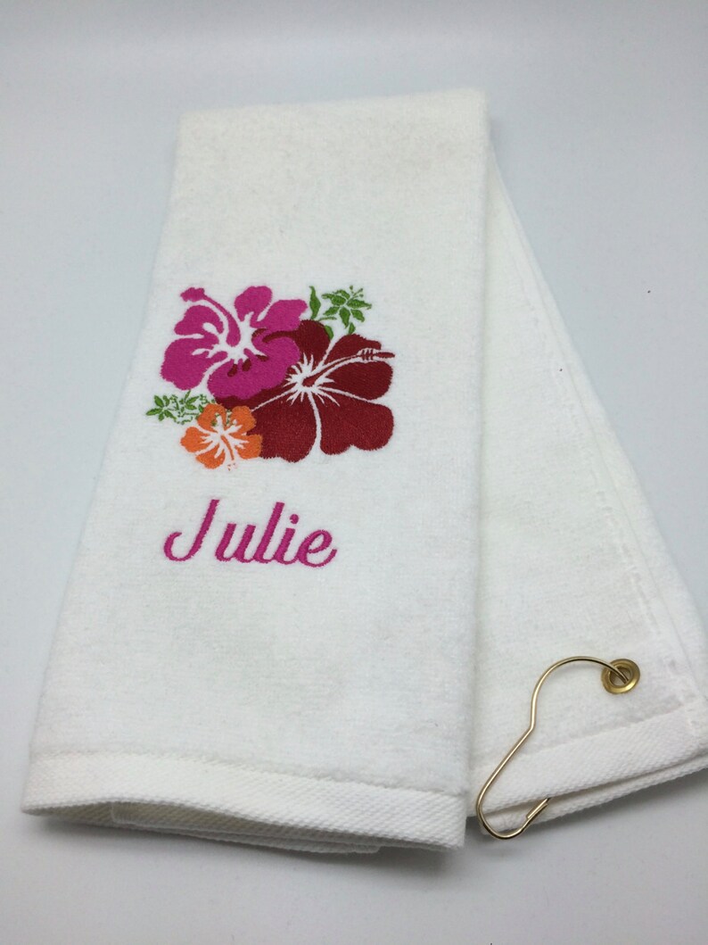 Personalized Embroidered Golf Towel Hawaiian Hibiscus Flower image 1