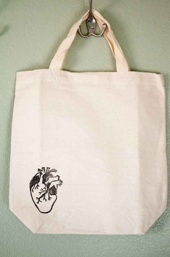 Handprinted Anatomical Heart Tote Bag / Gift Bag/ Market Bag/