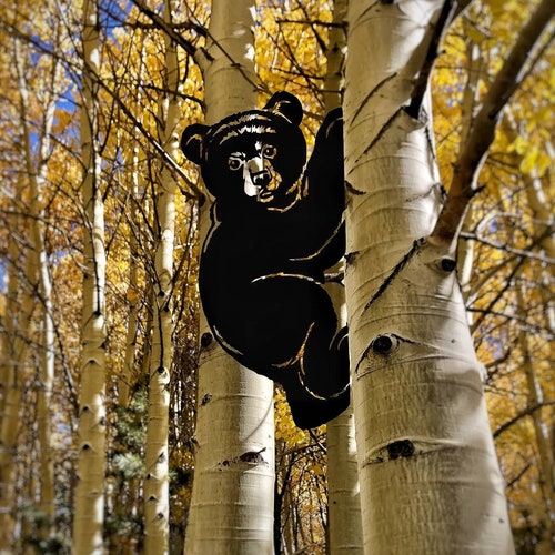 Metal Bear Cub Climbing Tree / MetalBird / Tree Bird Hammer-in Outdoor Backyard Art