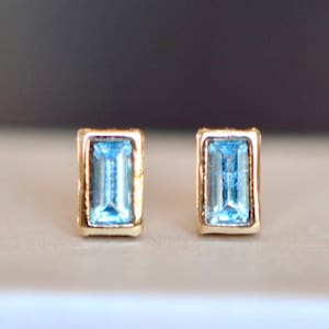 Swiss Blue Topaz Baguette 14k Gold Minimalist Stud Earrings, November Birthstone Jewelry, Blue Gemstone Studs, Art Deco Stacking Earring