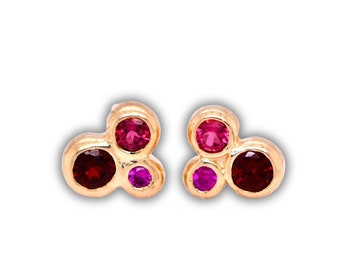 Garnet Ruby Pink Tourmaline Minimalist Stud Earrings 14k Rose Gold :  Birthstone Cluster