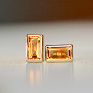 Citrine Baguette 14k Gold Minimalist Stud Earrings, November Birthstone Jewelry, Yellow Gemstone Studs, Art Deco Stacking Earring Women Girl