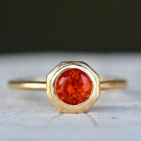 Hexagonal Fire Opal Solitaire Ring Solid 14k Gold, Orange Gemstone Stackable Ring, Hammered Bezel Hexagonal Ring, October Birthstone Jewelry