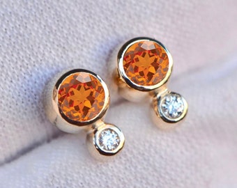 Mandarin Garnet & Diamond Minimalist Stud Earrings 14k Gold, January April Birthstone Jewelry, Girlfriend Gift, Earring for Women, Gift Her