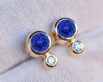 Tanaznite & Diamond Minimalist Stud Earrings, 14k Gold Earrings, December April Birthstone Stud, Girlfriend Gift, Anniversary Gift Wife
