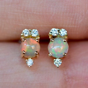 Genuine Opal Diamond Earrings, 14k Gold Ethiopian Opal Studs, October Birthstone Post Earring, Small Dainty Stud Earring, Minimalist Jewelry