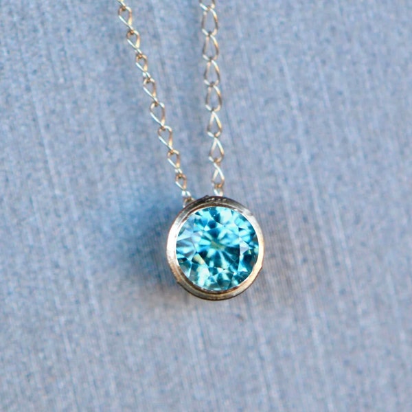 Blue Zircon Solitaire Necklace 14k Gold, December Birthstone Pendant, Minimalist Blue Gemstone Necklace, Gift for Women, Natural Blue Zircon