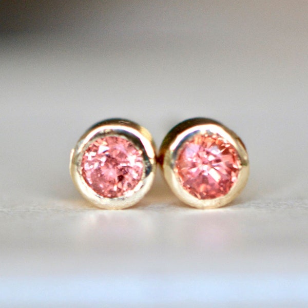 Padparadscha Sapphire Sapphire Stud Earrings, 14kt Gold Peach Sapphire Earrings, September Birthstone Studs, Minimalist Earrings, Gift Women