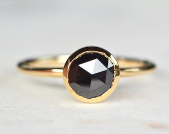 Natural Rosecut Black Diamond Solitaire 14k Gold Ring, Bezel Set Black Diamond Ring, Promise Ring, Everyday Stacking Ring for Women Gift