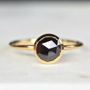 Natural Rosecut Black Diamond Solitaire 14k Gold Ring, Bezel Set Black Diamond Ring, Promise Ring, Everyday Stacking Ring for Women Gift