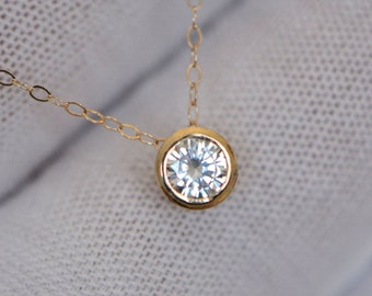 Moissanite Solitaire Pendant 14k Gold, Minimalist Classic Round Stone Necklace, Gift for Women, Bezel Set Moissanite Slide, Simple Pendant