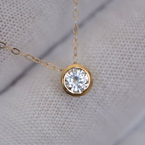 Moissanite Solitaire Pendant 14k Gold, Minimalist Classic Round Stone Necklace, Gift for Women, Bezel Set Moissanite Slide, Simple Pendant