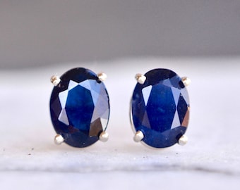 Oval Sapphire Stud Earrings 14k White Gold, Dark Blue Sapphire Stud Earrings, Gift for Mom, September Birthstone Earring, Girlfriend Gift