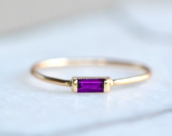 Amethyst Baguette 14k Gold Ring, Minimalist Ring, February Birthstone Jewelry, Purple Gemstone Promise Ring, Art Deco Dainty Stacking Ring