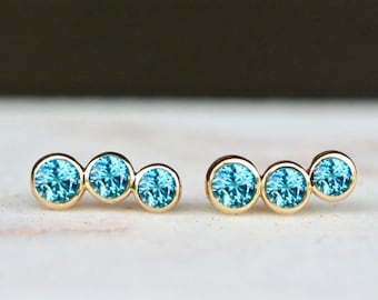 Blue Zircon Ear Climbers 14kt Gold, December Birthstone Jewelry, Round Blue Gemstone Stud Earrings, Girlfriend Gift, Birthday Gift for Wife