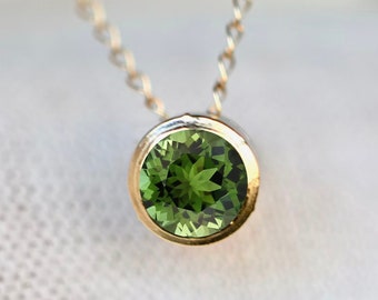 Green Tourmaline Solitaire Slide Necklace 14k Gold, October Birthstone Pendant, Minimalist Olive Green Gemstone Necklace, Gift for Women