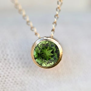 Green Tourmaline Solitaire Slide Necklace 14k Gold, October Birthstone Pendant, Minimalist Olive Green Gemstone Necklace, Gift for Women