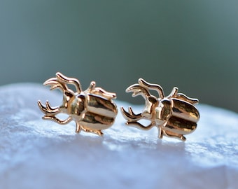 May include: A pair of gold-toned beetle earrings. The earrings are small and delicate, and they feature a realistic beetle design.
