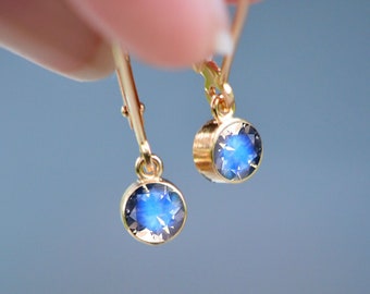 Moonstone Leverback Earrings 14kt Gold, Small Drop Earrings, June Birthstone Earrings, Gift Women, Blue Gemstone Drops, Gift Wife