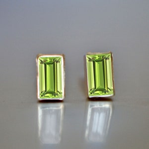 Peridot Baguette 14k Gold Minimalist Stud Earrings :  August Birthstone Jewelry