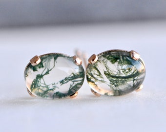 Moss Agate Stud Earrings 14k Gold, Unique Green Gemstone Stud, Organic Jewelry, Green Moss Jewelry, Graduation Gift Wife, One of a Kind
