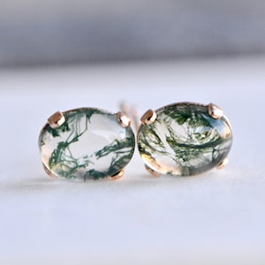 Moss Agate Stud Earrings Solid 14k Gold : Unique Green Gemstone