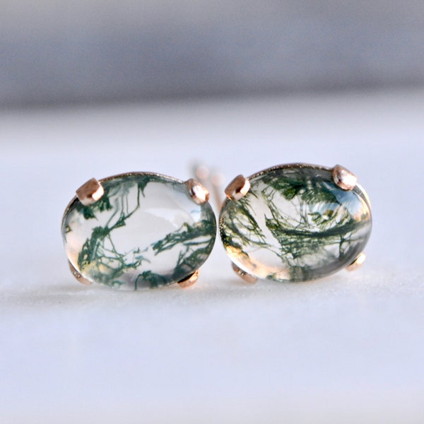 Moss Agate Stud Earrings 14k Gold, Unique Green Gemstone Stud, Organic Jewelry, Green Moss Jewelry, Graduation Gift Wife, One of a Kind