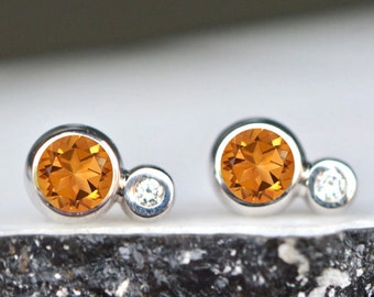 Honey Citrine & Diamond Minimalist Stud Earrings, 14k Gold Earrings, December April Birthstone Stud, Girlfriend Gift, Anniversary Gift Wife