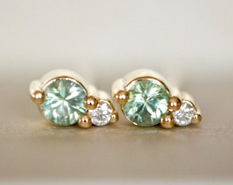 Natural Green Sapphire & Diamond Tiny Minimalist Stud Earrings 14k Gold : September Birthstone