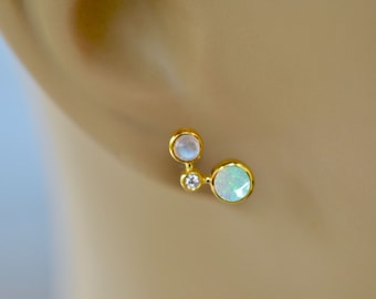 Genuine Australian Opal Diamond & Blue Moonstone Earrings, 14k Gold Minimalist Gemstone Studs, October June April Birthstone Dainty Earring