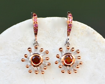 Sea Anemone Garnet Pink Sapphire Earrings, Rose Gold Sterling Silver Dangly Earrings, Red Pink Gemstone Drop Earrings, January Birthstone