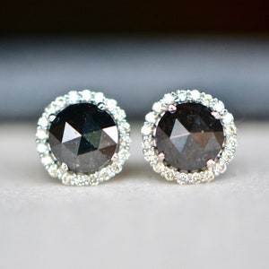 Rose Cut Black Diamond 14kt White Gold Earrings, Halo Diamond Stud Earrings, Everyday Earrings, April Birthstone Jewelry, Women Earring Gift