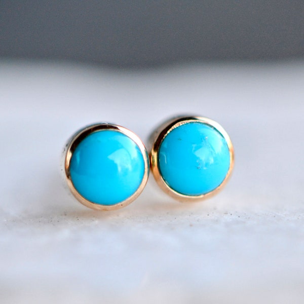 Genuine Sleeping Beauty Turquoise 14k Gold Earrings, Blue Gemstone Stud Earrings, December Birthstone Earrings, Gift for Mom, Everyday Studs