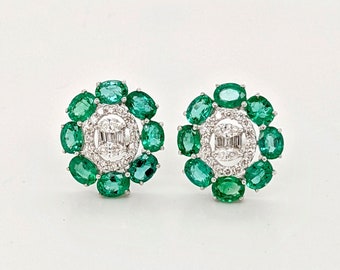 Emerald Diamond White Gold Earrings, 18kt Gold Studs, Big Emerald Stud Earrings, May Birthstone Earrings, 55th Wedding Anniversary Gift Her