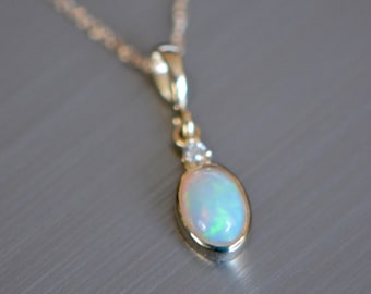 Ethiopian Opal Diamond 14k Gold Pendant Necklace, October Birthstone Dainty Pendant for Women, Everyday Necklace,  WomenGraduation Gifts