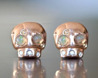 Rose Gold Skull Studs: Opal Diamond 14k Earrings